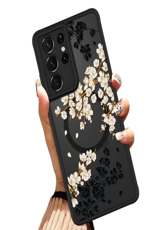 OOK Case for Samsung Galaxy S21 Ultra 6.8 Inch (Wireless Charging Compatible) Flowers Floral Design Translucent Phone Cover Soft TPU + Hard PC Anti-Scratch Shockproof Magnetic Case for Women - Black - Image 1