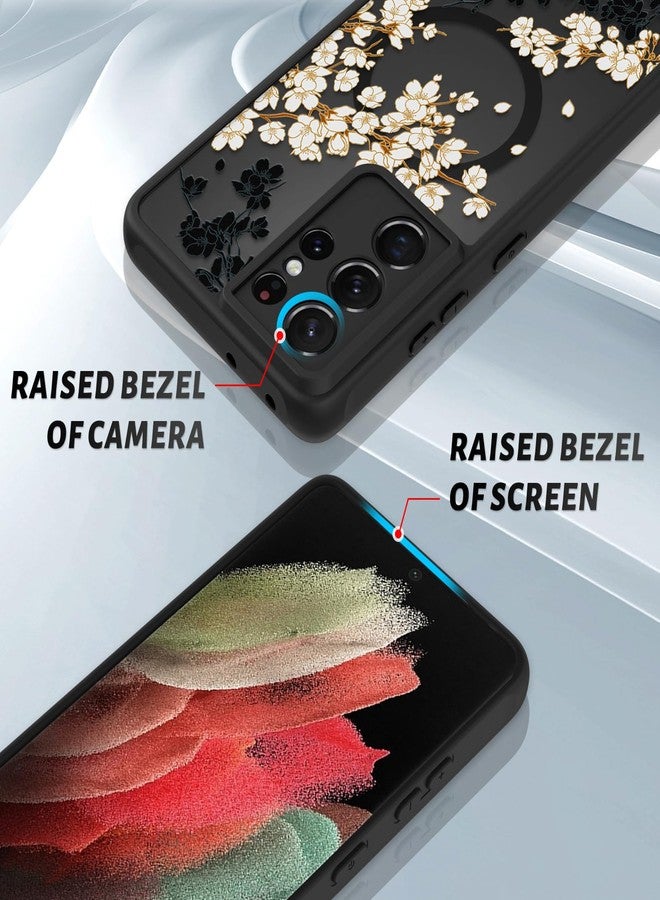 OOK Case for Samsung Galaxy S21 Ultra 6.8 Inch (Wireless Charging Compatible) Flowers Floral Design Translucent Phone Cover Soft TPU + Hard PC Anti-Scratch Shockproof Magnetic Case for Women - Black - Image 3