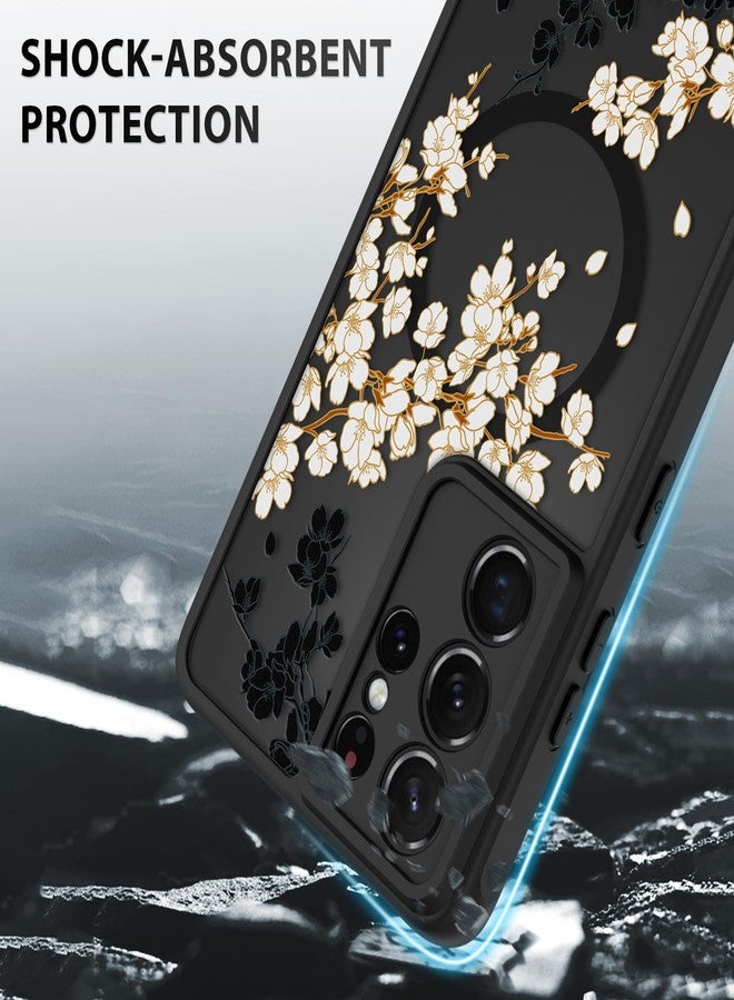 OOK Case for Samsung Galaxy S21 Ultra 6.8 Inch (Wireless Charging Compatible) Flowers Floral Design Translucent Phone Cover Soft TPU + Hard PC Anti-Scratch Shockproof Magnetic Case for Women - Black - Image 4