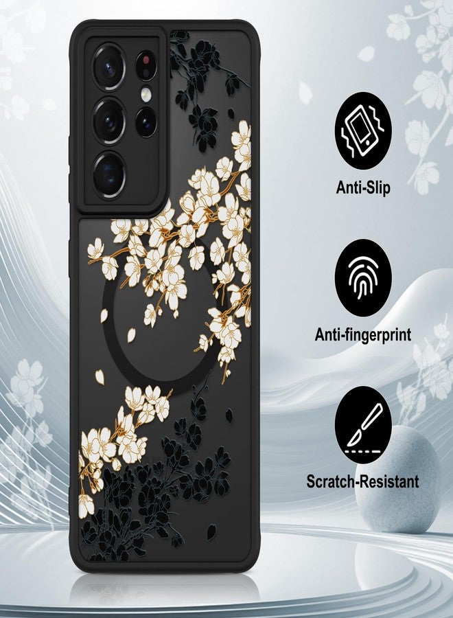OOK Case for Samsung Galaxy S21 Ultra 6.8 Inch (Wireless Charging Compatible) Flowers Floral Design Translucent Phone Cover Soft TPU + Hard PC Anti-Scratch Shockproof Magnetic Case for Women - Black - Image 5