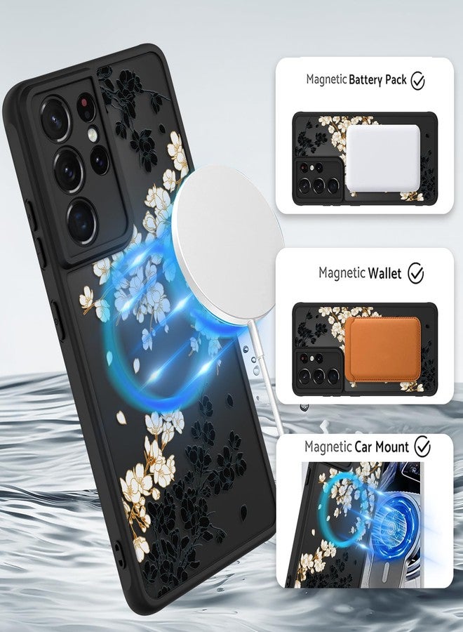 OOK Case for Samsung Galaxy S21 Ultra 6.8 Inch (Wireless Charging Compatible) Flowers Floral Design Translucent Phone Cover Soft TPU + Hard PC Anti-Scratch Shockproof Magnetic Case for Women - Black - Image 2