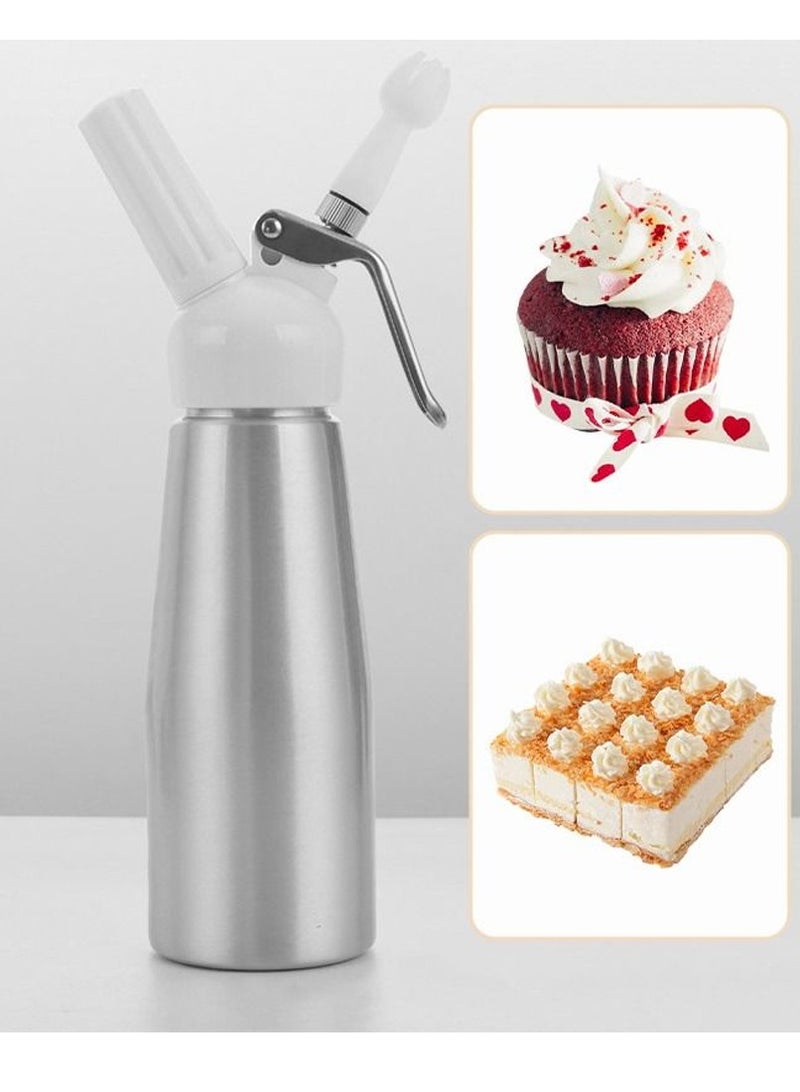 Furtey Whipped Cream Dispenser,500ML Aluminum Culinary Canister Cream Whipper With 3 Decorating Nozzles Cream Foam Maker For Cake Dessert Coffee , Coffee Cream Frother , Silver - Image 1