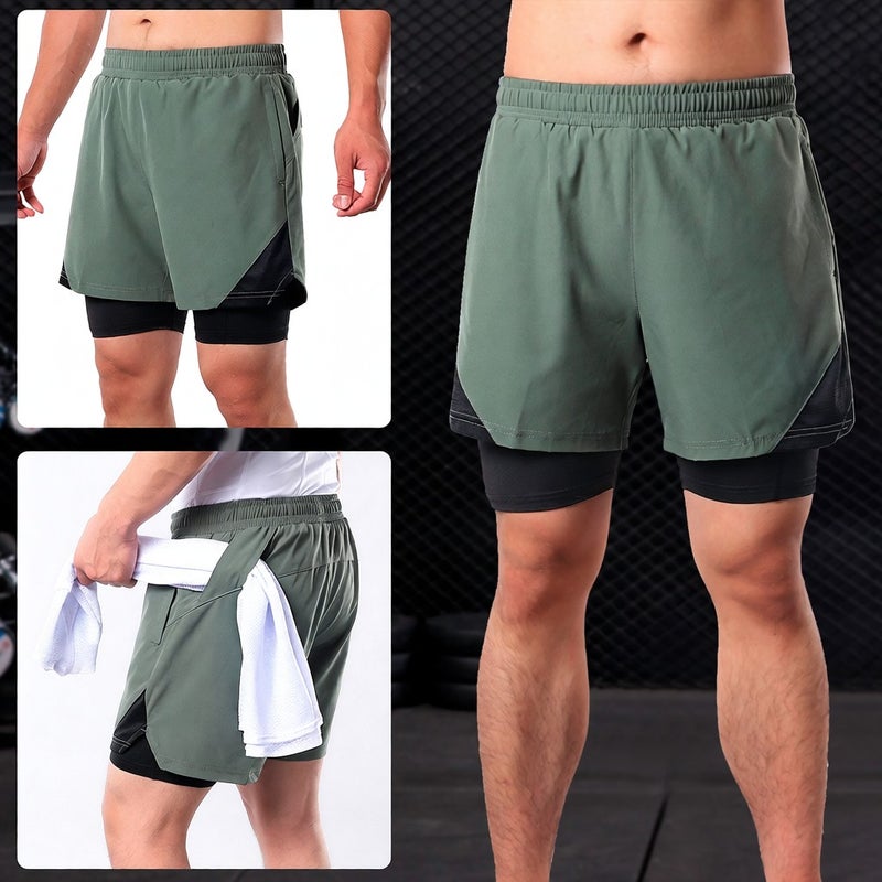 2-In-1 Men Running Shorts with Towel Loop Pockets Quick Dry Exercise Shorts for Training Gym Workout - Image 3