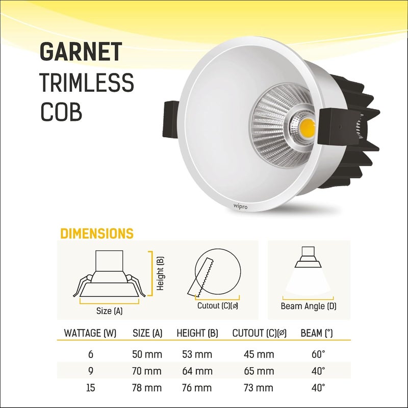 Wipro Garnet 15W Trimless COB Spotlight for CeilingNeutral White Light 4000K High Voltage Protection Upto 380V Surge Protection Upto 25KV Sharp Light Cone Effect Cutout 73 mm Pack of 1 - Image 5