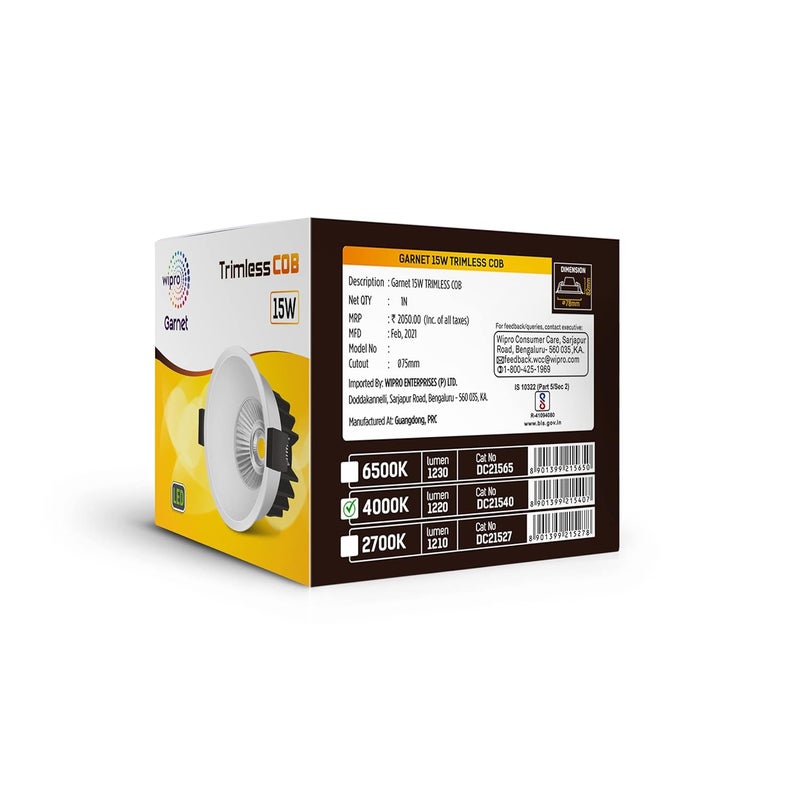 Wipro Garnet 15W Trimless COB Spotlight for CeilingNeutral White Light 4000K High Voltage Protection Upto 380V Surge Protection Upto 25KV Sharp Light Cone Effect Cutout 73 mm Pack of 1 - Image 3