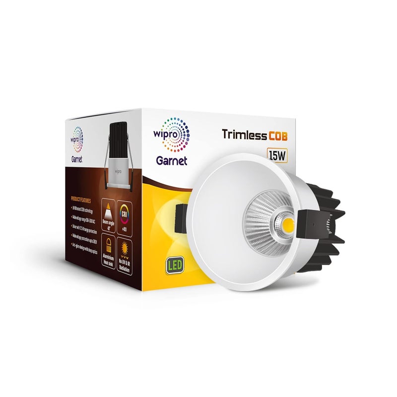 Wipro Garnet 15W Trimless COB Spotlight for CeilingNeutral White Light 4000K High Voltage Protection Upto 380V Surge Protection Upto 25KV Sharp Light Cone Effect Cutout 73 mm Pack of 1 - Image 1