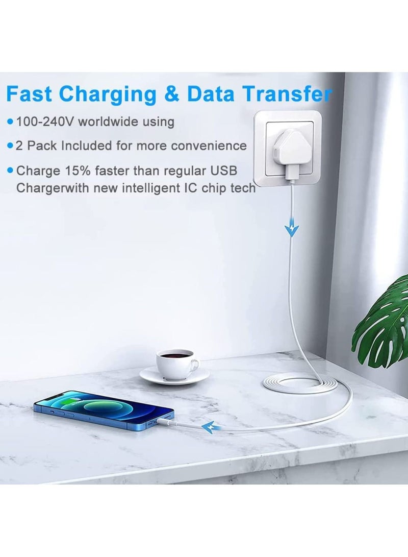 شاحن آيفون وقابس كابل لايتنينغ【معتمد من آبل MFi】عبوة 2 حزمة 3 دبابيس USB شاحن سريع للجدار محول طاقة مع 2 حزمة كابل لايتنينغ إلى USB للشحن السريع بطول 1 متر لآيفون 14/13/12/11/XS/X/8/7/6/آيباد - Image 3