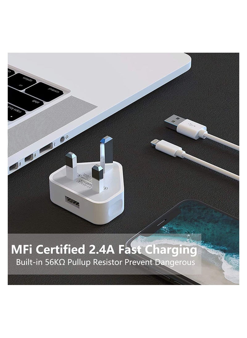 شاحن آيفون وقابس كابل لايتنينغ【معتمد من آبل MFi】عبوة 2 حزمة 3 دبابيس USB شاحن سريع للجدار محول طاقة مع 2 حزمة كابل لايتنينغ إلى USB للشحن السريع بطول 1 متر لآيفون 14/13/12/11/XS/X/8/7/6/آيباد - Image 4