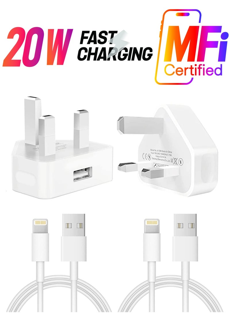 شاحن آيفون وقابس كابل لايتنينغ【معتمد من آبل MFi】عبوة 2 حزمة 3 دبابيس USB شاحن سريع للجدار محول طاقة مع 2 حزمة كابل لايتنينغ إلى USB للشحن السريع بطول 1 متر لآيفون 14/13/12/11/XS/X/8/7/6/آيباد - Image 1