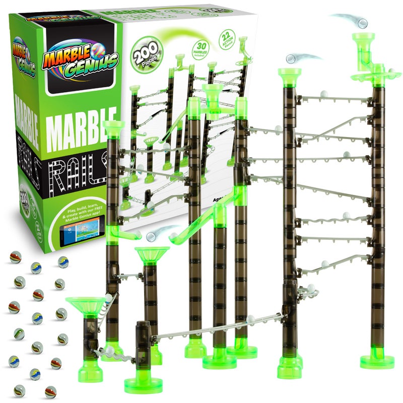 Marble Genius Marble Rails Starter Set 200 Piece Marble Run for Kids 8 30 Marbles 30 Rail Pieces 12 Base Pieces More STEM FullColor Instructions Great for Kids Teens