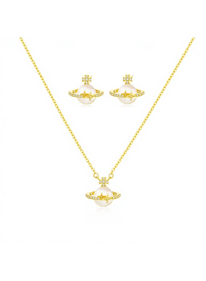MTZ Women Jewellery Set, 14K Gold Plated Dainty Pendant Necklace & Stud Earrings Set for Wedding Party Daily Wear - Image 1
