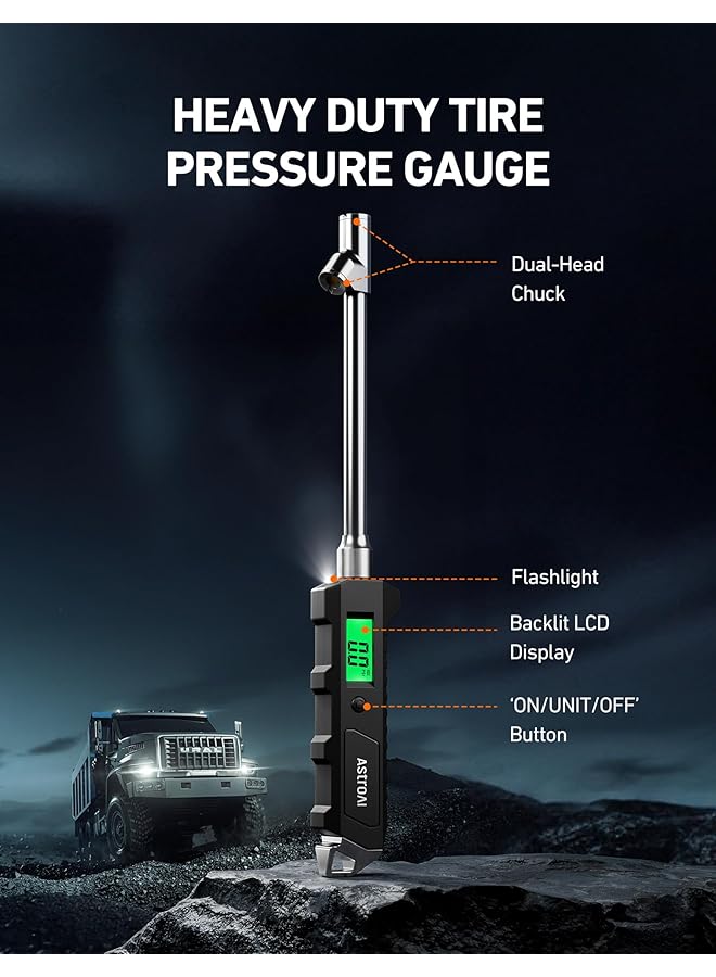 Astroai Digital Tire Pressure Gauge, 230 Psi Rv Heavy Duty Dual Head Stainless Steel Made For Truck Car With Larger Backlit Lcd And Flashlight - Image 2