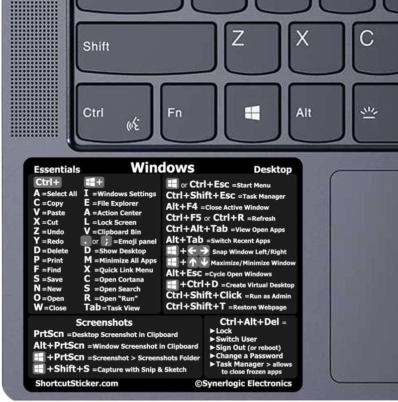 Synerlogic (2pcs) Windows PC Reference Keyboard Shortcut Sticker | Vinyl, Laminated Windows Shortcut Sticker for PC Laptop or Desktop | Shortcuts Cheat Sheet (Black/Large/2) - Image 1