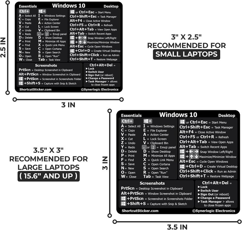Synerlogic (2pcs) Windows PC Reference Keyboard Shortcut Sticker | Vinyl, Laminated Windows Shortcut Sticker for PC Laptop or Desktop | Shortcuts Cheat Sheet (Black/Large/2) - Image 5