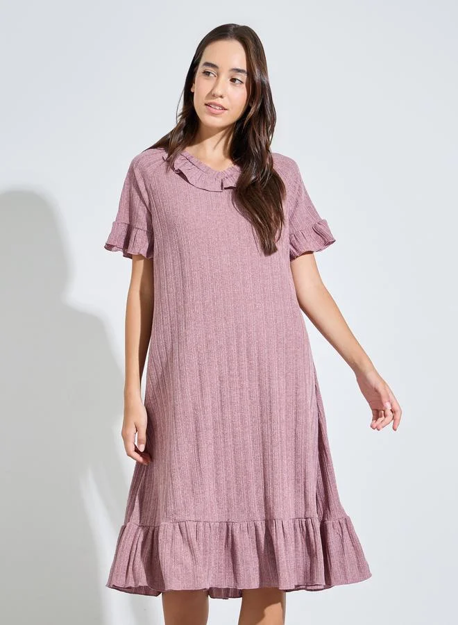 ستايلي Pink Ribbed V Neck Ruffle Detail Nightdress