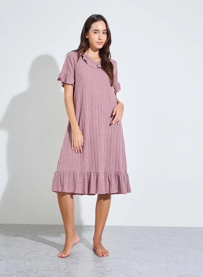 ستايلي Pink Ribbed V Neck Ruffle Detail Nightdress