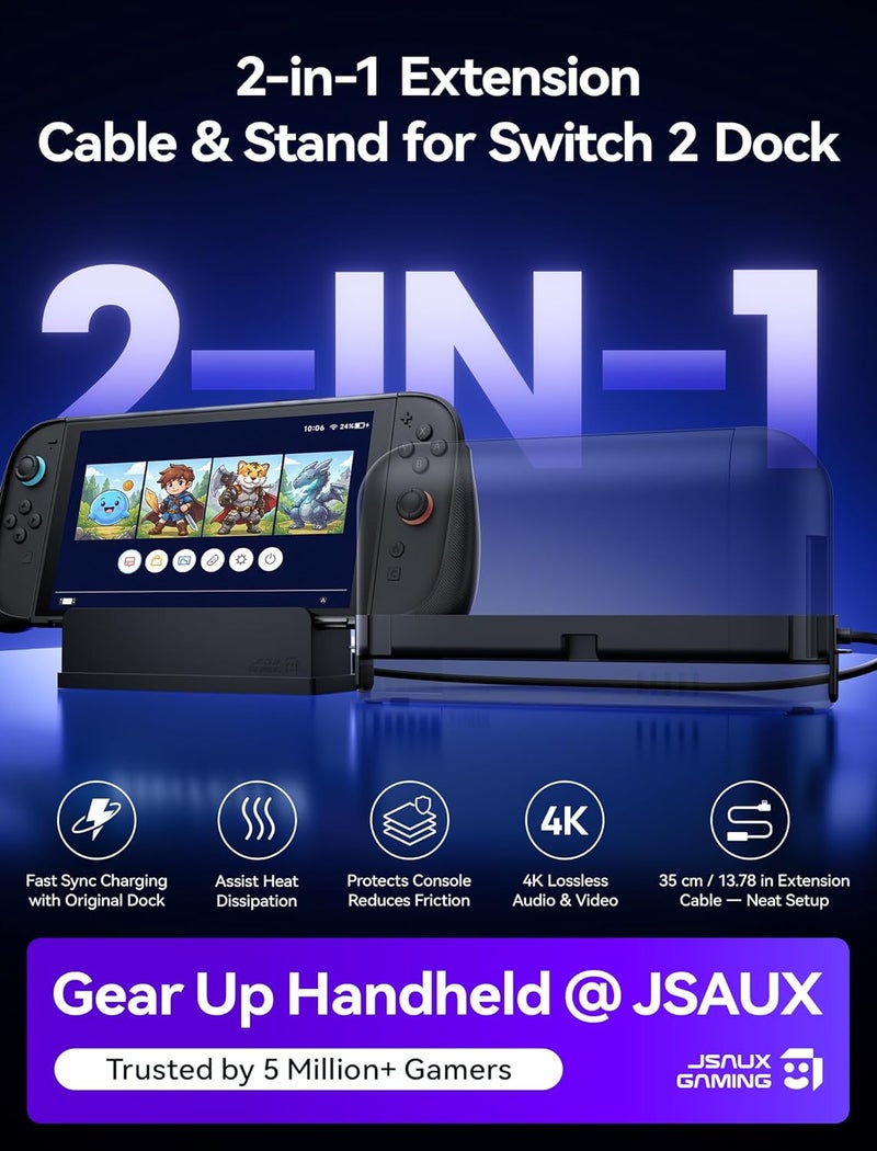 JSAUX Extender Cable with Stand for Switch 2 Dock, 35cm USB C Extension Cable for Thick Protective Cases, Fast Charging, 10Gbps Data, 4K@60Hz Video Output, 1:1 Dock Function Restore, Passive Cooling - Image 2