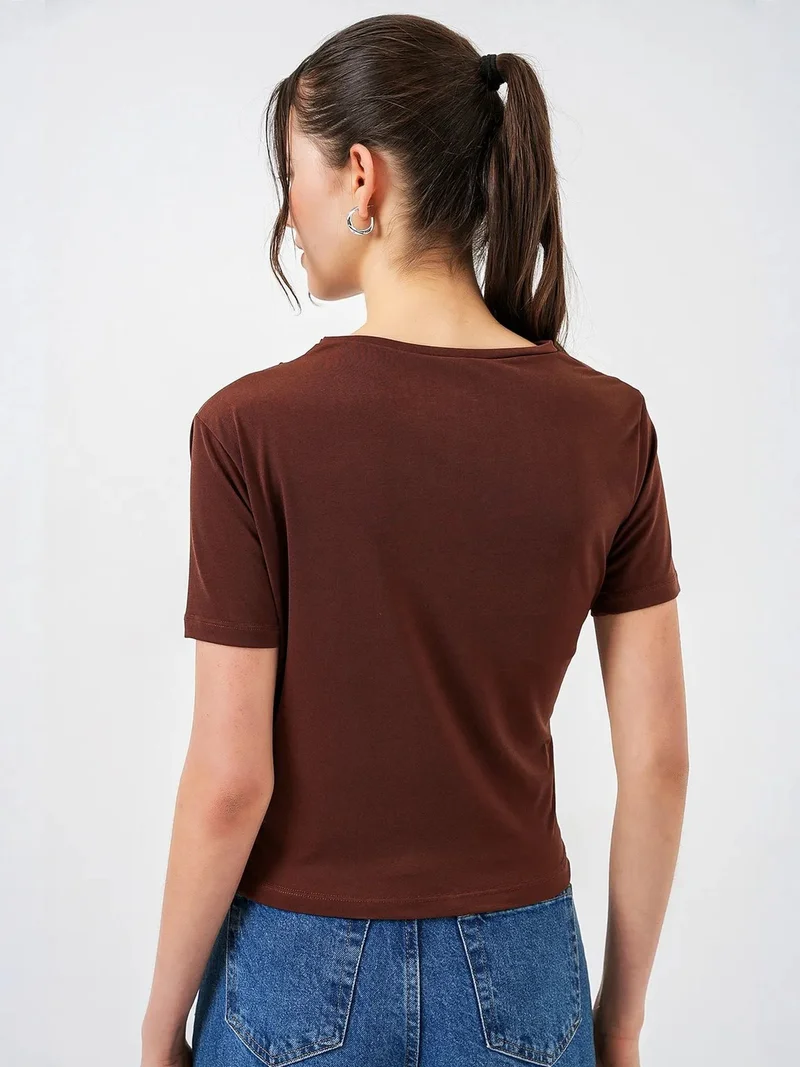 Big Dart Mocha Brown BDART Fitted Cowl Neck Blouse for Women | Best Price UAE