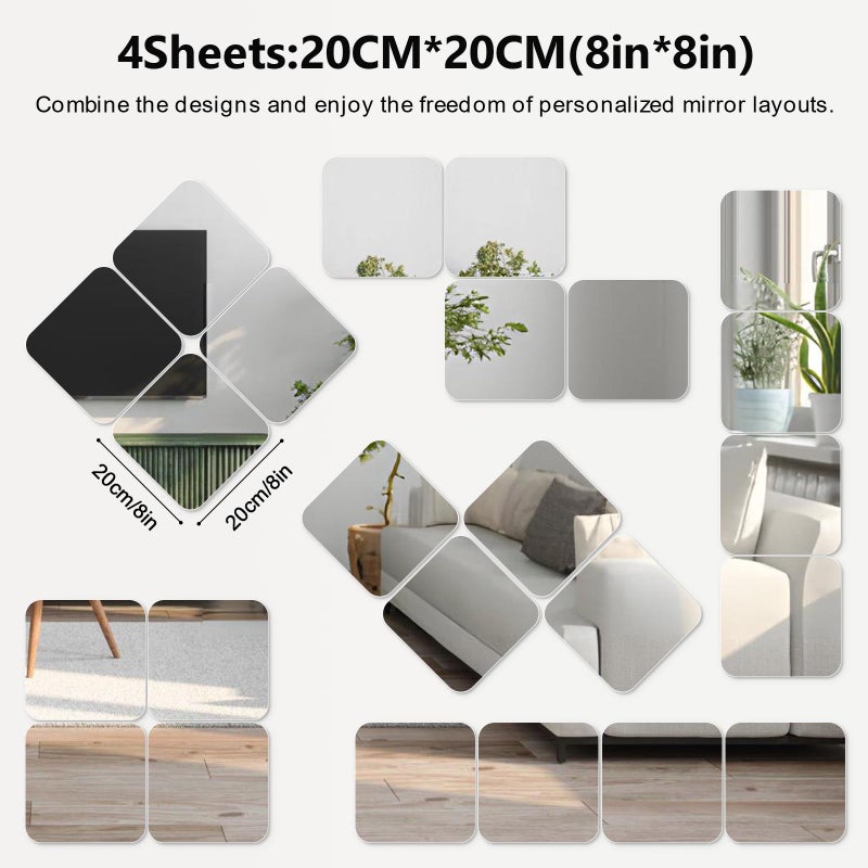 Shiftshade Wall Stickers - Unbreakable Self-Adhesive Mirror Tiles for Bedroom, Home, Gym, Door - Acrylic Shatterproof Sheets, Panels (8x8 Inch, 4 Pcs) - Image 2