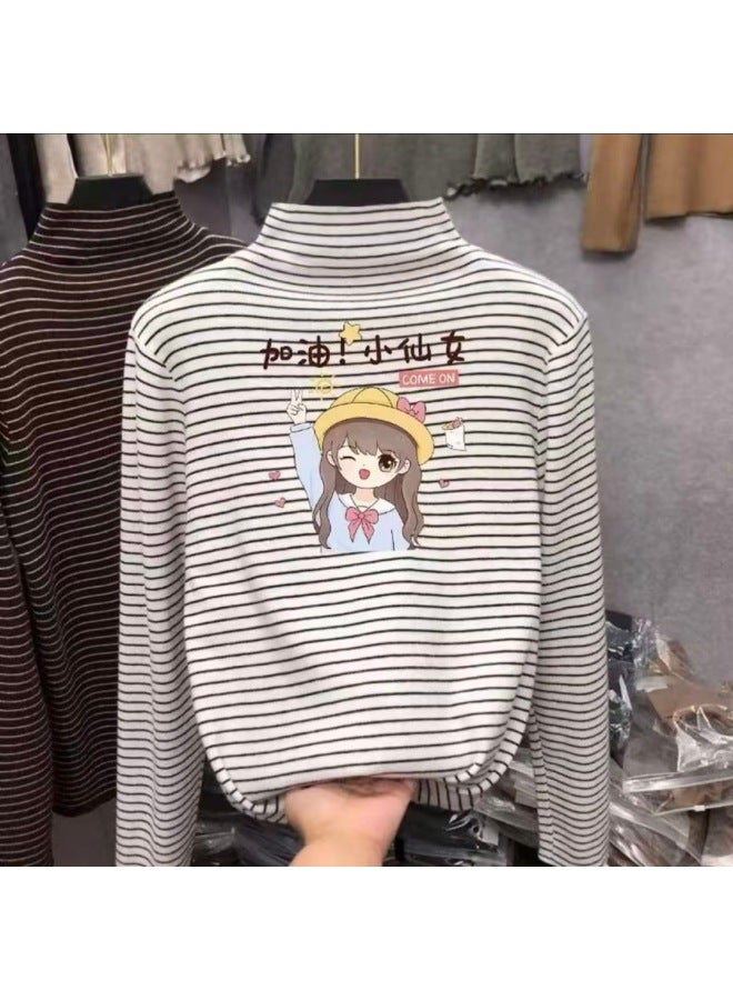 Boys And Girls' Thermal Base Layer Shirts, Spring And Autumn, Big Kids' Half-high Collar Long-sleeve T-shirts, Stylish Striped Warm Tops