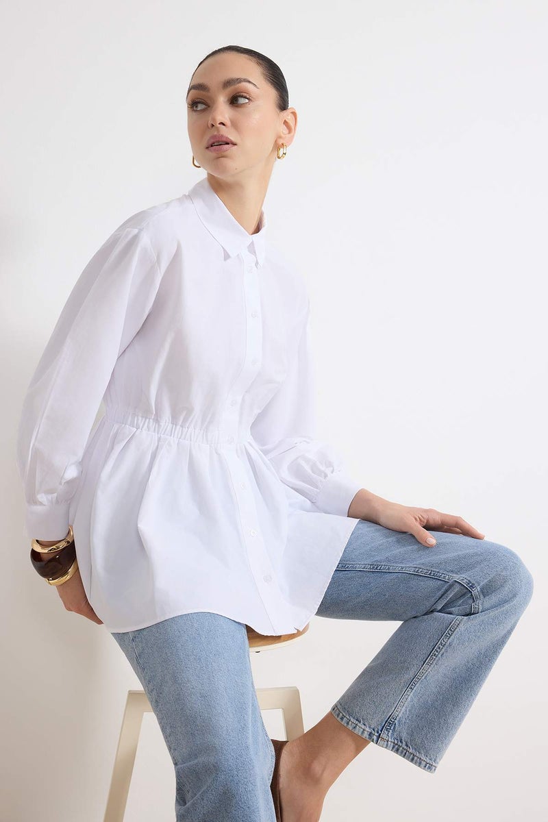 trendyol White Fitted Shirt with Elastic Detail at the Waist, Pack of Cotton Fitted Shirts Tctss26Tg00001 - Image 1