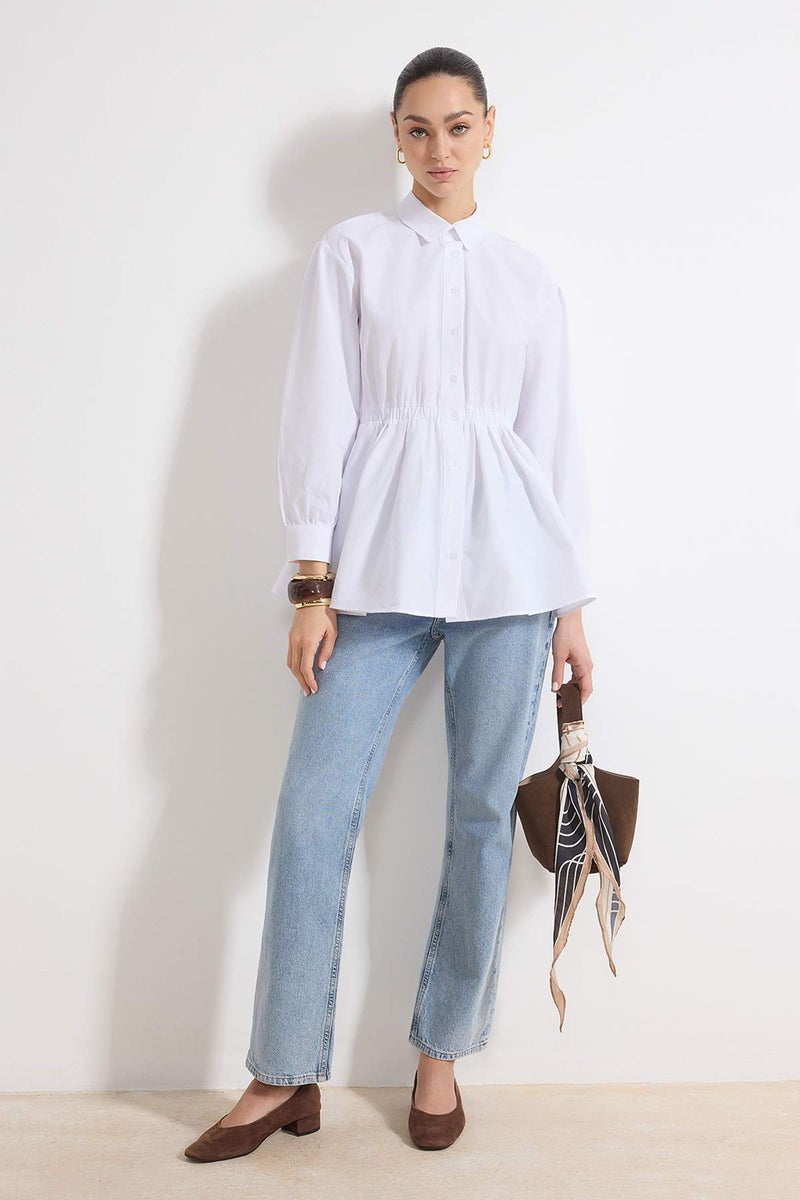 trendyol White Fitted Shirt with Elastic Detail at the Waist, Pack of Cotton Fitted Shirts Tctss26Tg00001 - Image 2