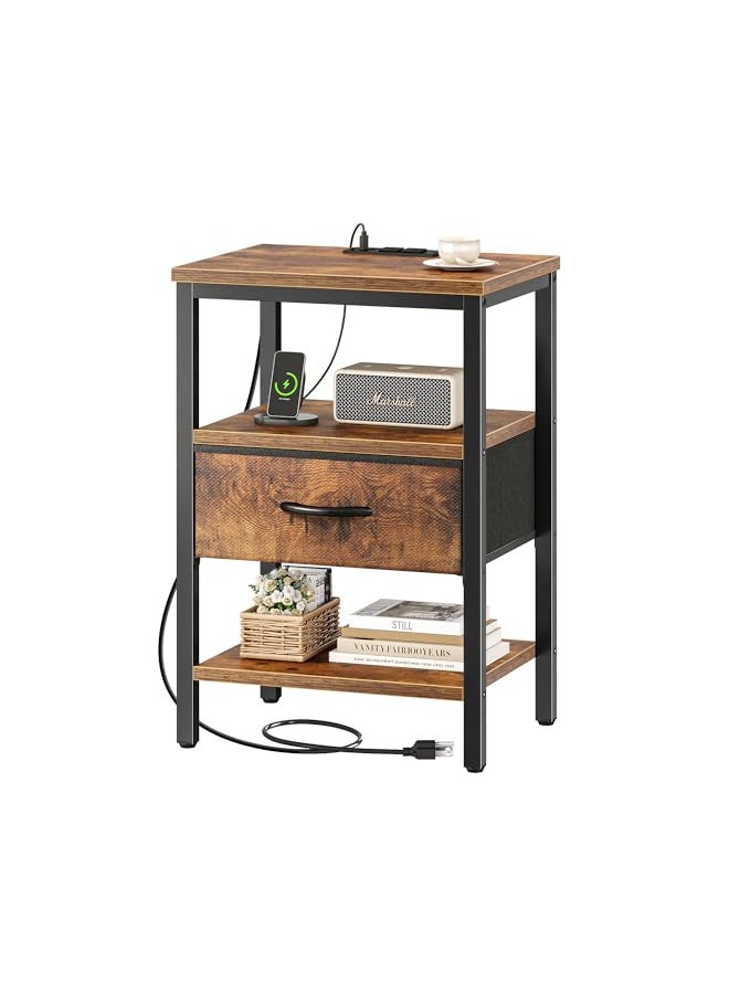 SUPERJARE SUPERJARE Nightstand with Charging Station, Bed Side Table with Adjustable Fabric Drawer, Night Stand for Bedroom, 3-Tier Storage End Table, for Living Room, Rustic Brown  - Image 1