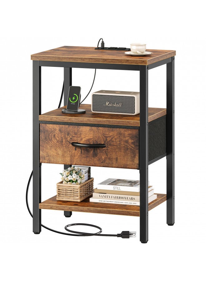 SUPERJARE SUPERJARE Nightstand with Charging Station, Bed Side Table with Adjustable Fabric Drawer, Night Stand for Bedroom, 3-Tier Storage End Table, for Living Room, Rustic Brown  - Image 2