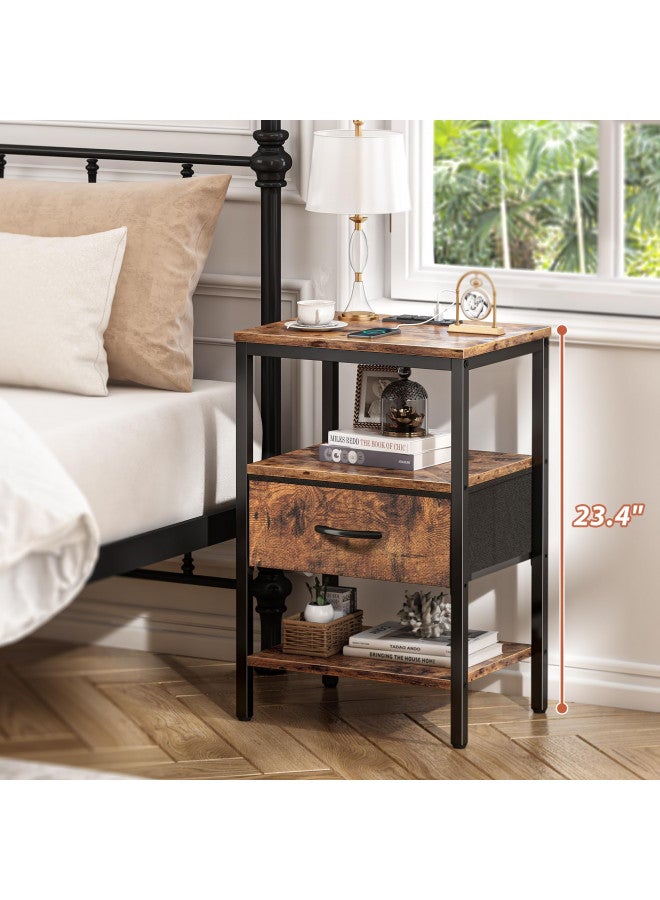 SUPERJARE SUPERJARE Nightstand with Charging Station, Bed Side Table with Adjustable Fabric Drawer, Night Stand for Bedroom, 3-Tier Storage End Table, for Living Room, Rustic Brown  - Image 3