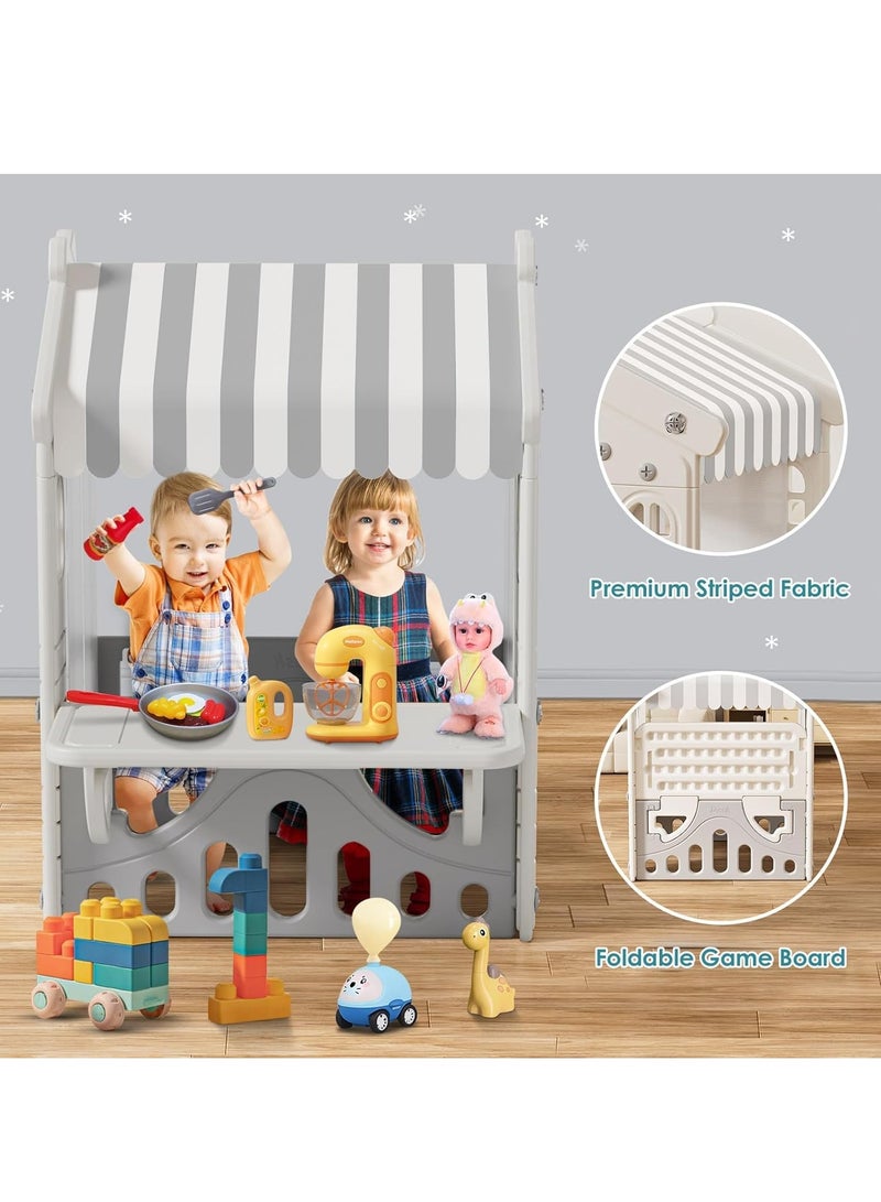 XiuWoo Kids Playhouse Kids Pretend Play Toys Set, Indoor Playhouse for Toddlers Aged 1-3, with Windows, Door Curtains and Foldable Stand and Play Platform Beige Grey - Image 2