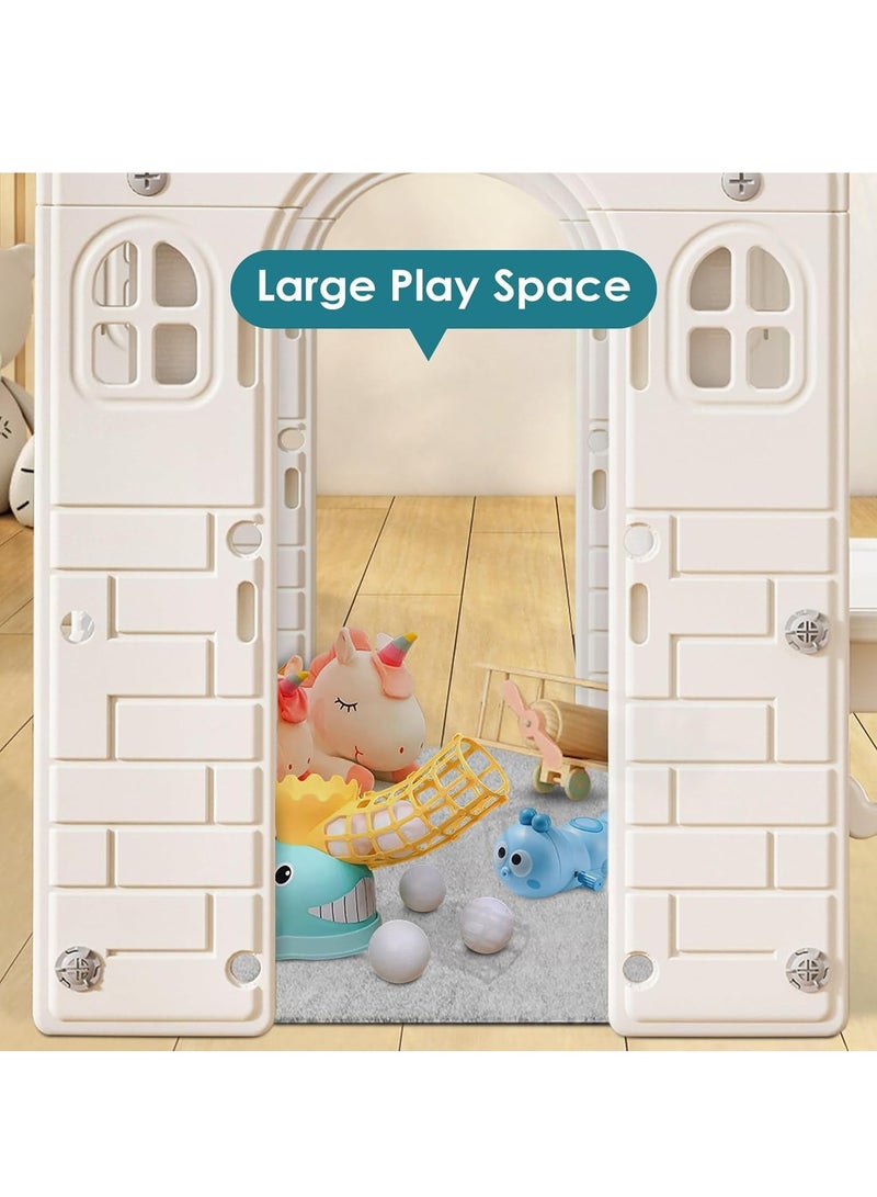 XiuWoo Kids Playhouse Kids Pretend Play Toys Set, Indoor Playhouse for Toddlers Aged 1-3, with Windows, Door Curtains and Foldable Stand and Play Platform Beige Grey - Image 4