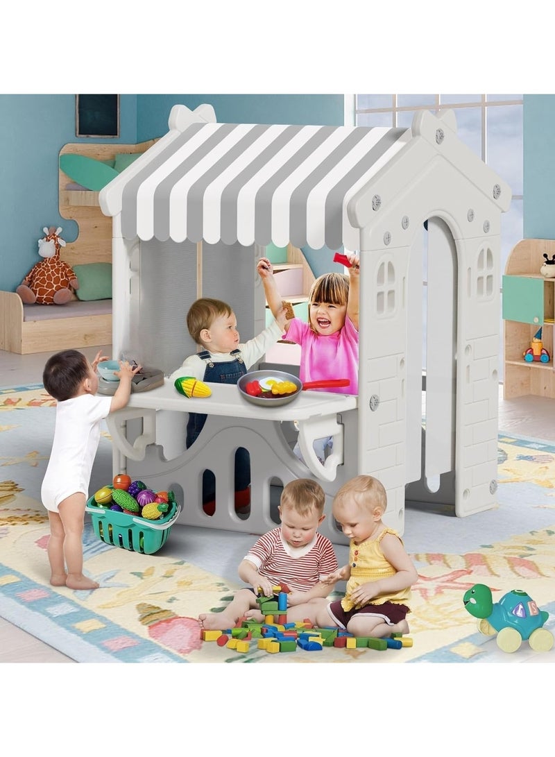 XiuWoo Kids Playhouse Kids Pretend Play Toys Set, Indoor Playhouse for Toddlers Aged 1-3, with Windows, Door Curtains and Foldable Stand and Play Platform Beige Grey - Image 3