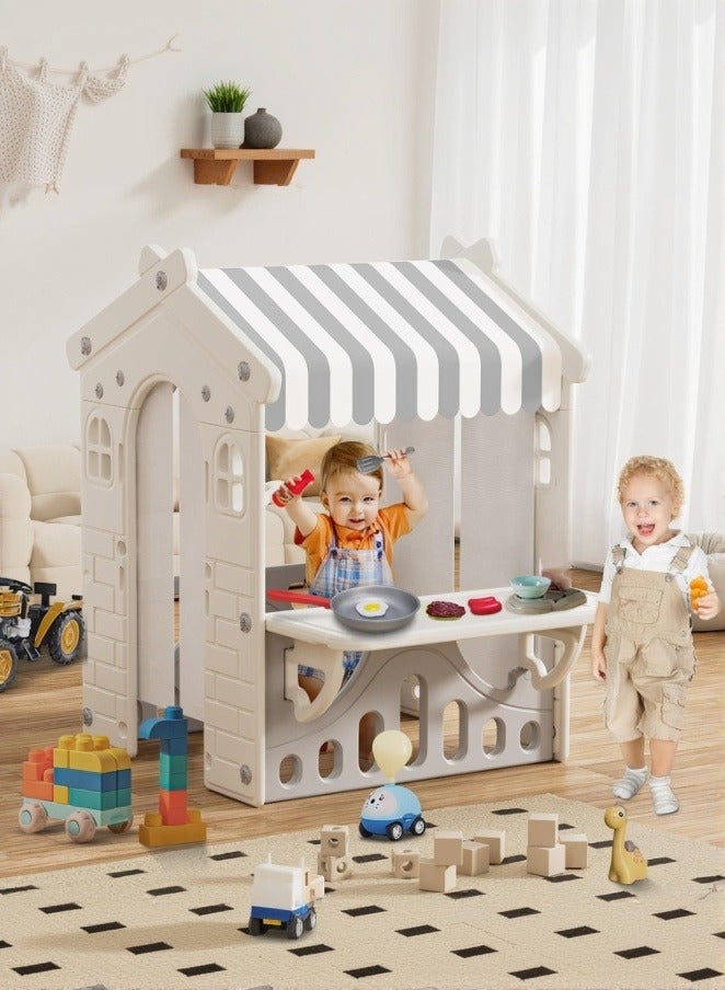 XiuWoo Kids Playhouse Kids Pretend Play Toys Set, Indoor Playhouse for Toddlers Aged 1-3, with Windows, Door Curtains and Foldable Stand and Play Platform Beige Grey - Image 1