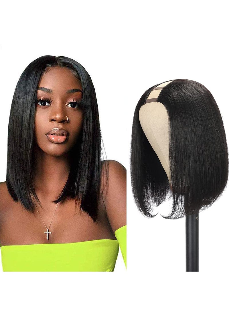 Amella Amella Hair U Part Wig Human Hair Wigs For Black Women 12inch Short Bob Straight Wig Brazilian Remy Human Hair Bob Wigs Clip in Half Wig U Part Hair Wigs Natural Black Color 