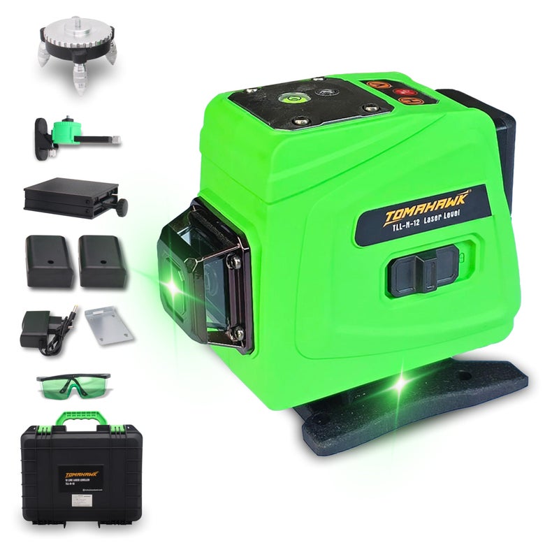 TOMAHAWK® TLL12-N 12 Lines Green Laser Level Pro - 25m, 4x360° 4D Green Cross Self-Leveling Professional Laser Line for Construction with Two 360° Vertical/Horizontal Laser Level - Image 4
