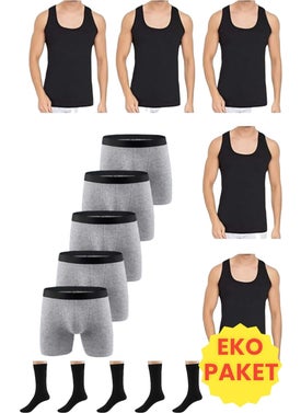 Men's 15 Piece Economic Package Undershirt Boxer and Socks Set 5 Undershirt 5 Boxers 5 Pairs of Socks
