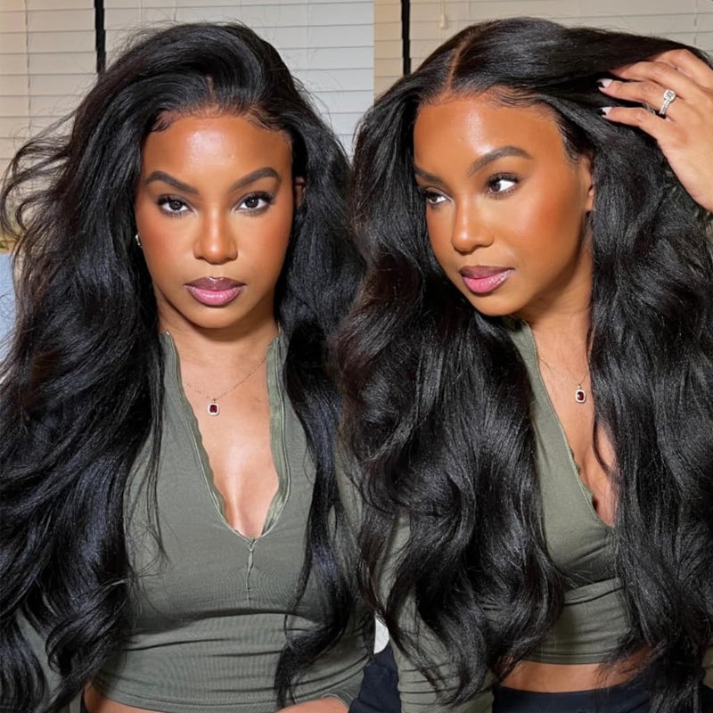 Nadula Bye Bye Knots Glueless Wig Yaki Straight Human Hair Pre Cut 7x5 Invisible Knots HD Lace Front Put on and Go Wigs Pre Plucked Pre Bleached No Glue 180 Density 16inch