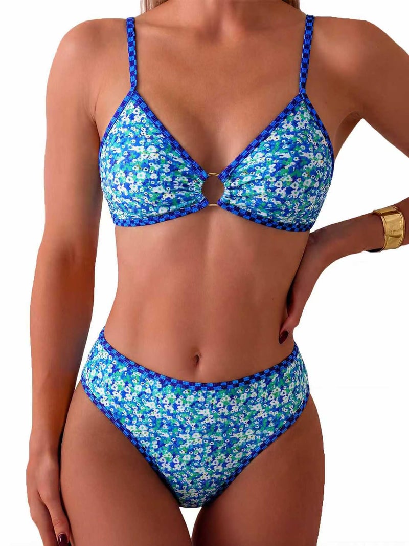 Tainehs Women's Two Piece Bikini Sets O Ring Front Top Ditsy Floral Triangle Swimsuits Cheeky Bathing Suit - Image 1
