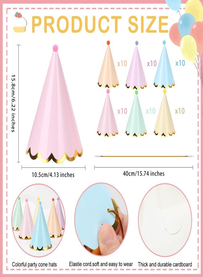 HEYTIMI 60 PCS Pastel Birthday Party Hats Rainbow Themed Paper Cone Hats with Pom Poms & Elastic Cord for Kids and Adults Birthday, Baby Shower, Bridal Shower, Photo Props Party Decorations - Image 2