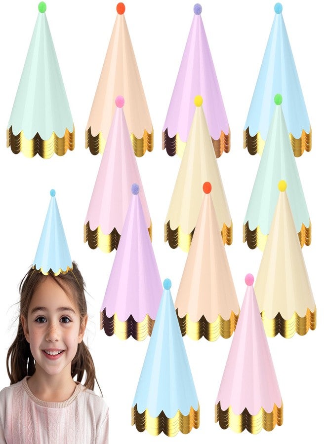 HEYTIMI 60 PCS Pastel Birthday Party Hats Rainbow Themed Paper Cone Hats with Pom Poms & Elastic Cord for Kids and Adults Birthday, Baby Shower, Bridal Shower, Photo Props Party Decorations - Image 1