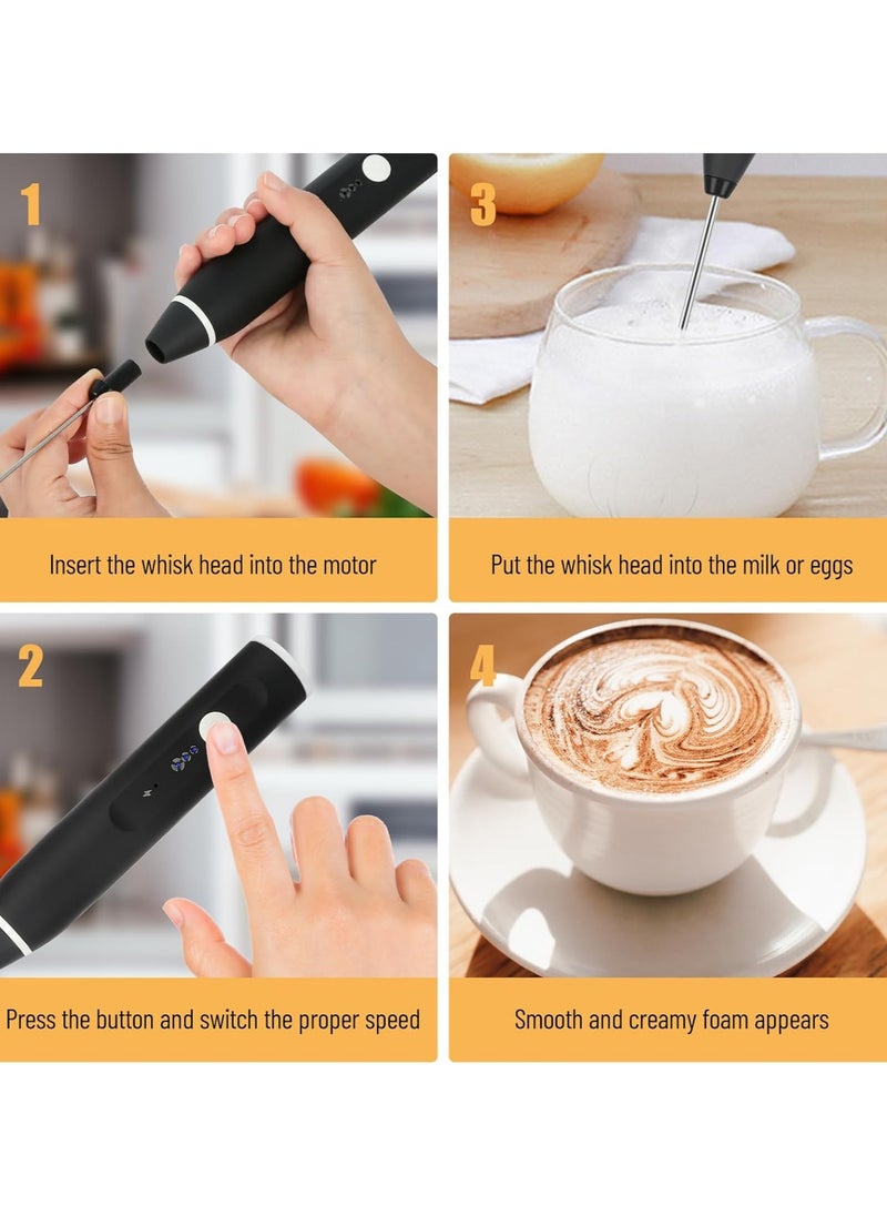 HIAS USB Rechargeable Milk Frother - 3-Speed Handheld Electric Whisk for Coffee, Matcha, Cappuccino | Includes 2 Stainless Steel Whisks + Cleaning Brush | Portable Frother for Latte, Hot Chocolate & Beverages  - Image 2