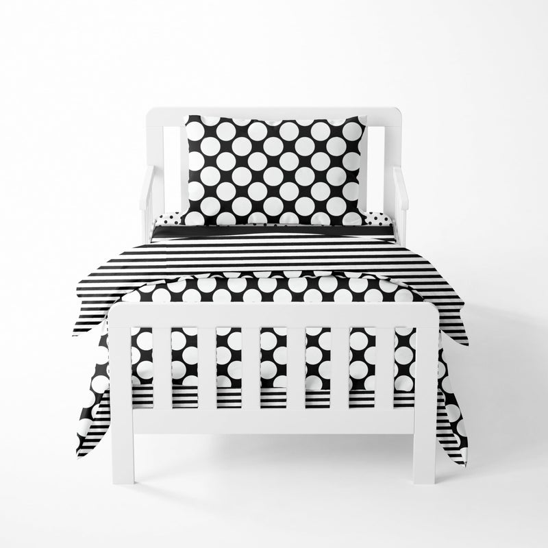 Bacati Bacati Dotspin Stripes BlackWhite 4 Pc Neutral Toddler Bedding Set 100 Percent Cotton Includes Reversible Comforter Fitted Sheet Top Sheet and Pillow Case for BoysGirls