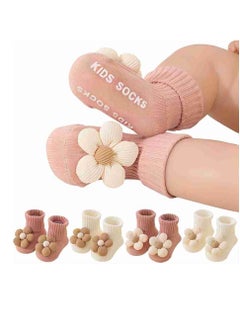 iMissiu 4Pairs Toddler Non Slip Socks with Grips Flower Anti Skid Crew Infants Baby Boy Girl Socks  - Image 1