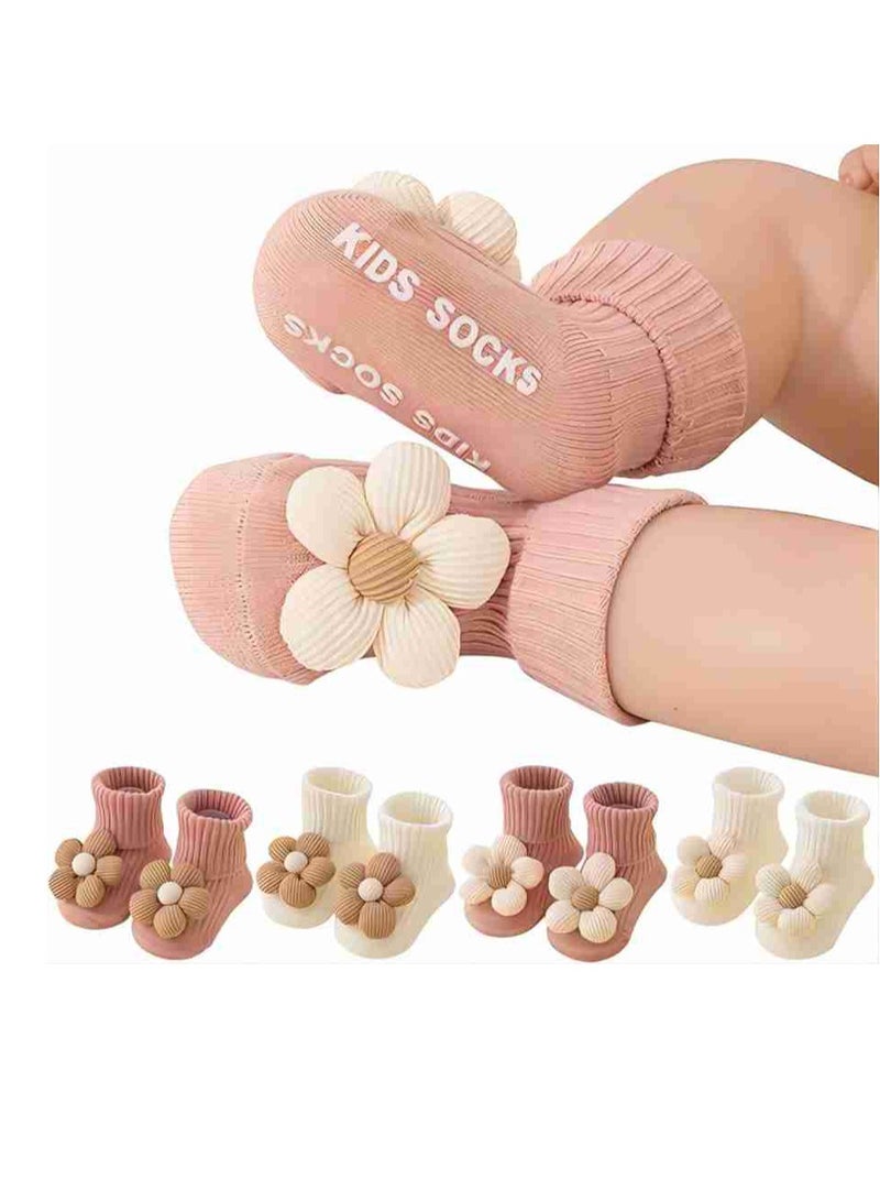 آي ميس يو 4 أزواج من الجوارب المضادة للانزلاق للأطفال الصغار مع مقابض على شكل زهرة مضادة للانزلاق للأطفال الصغار والأولاد والبنات - Image 1