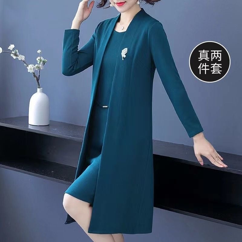Elegant New Two-Piece Dress Set for Mature Women Peacock Blue 