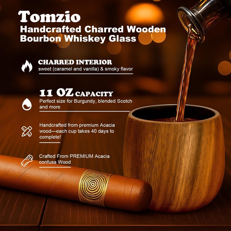 Tomzio Charred Wooden Bourbon Drinking Glass Set of 2,11oz Handcrafted Premium Acacia Whiskey Tumbler,4 Stones & 2 Ice Ball Molds,Charred Old Fashioned Glass,Unique Bourbon Gifts for Men (2 Charred 11 oz) - Image 2