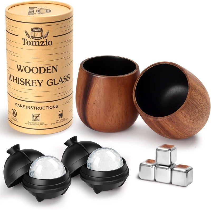 Tomzio Charred Wooden Bourbon Drinking Glass Set of 2,11oz Handcrafted Premium Acacia Whiskey Tumbler,4 Stones & 2 Ice Ball Molds,Charred Old Fashioned Glass,Unique Bourbon Gifts for Men (2 Charred 11 oz) - Image 1