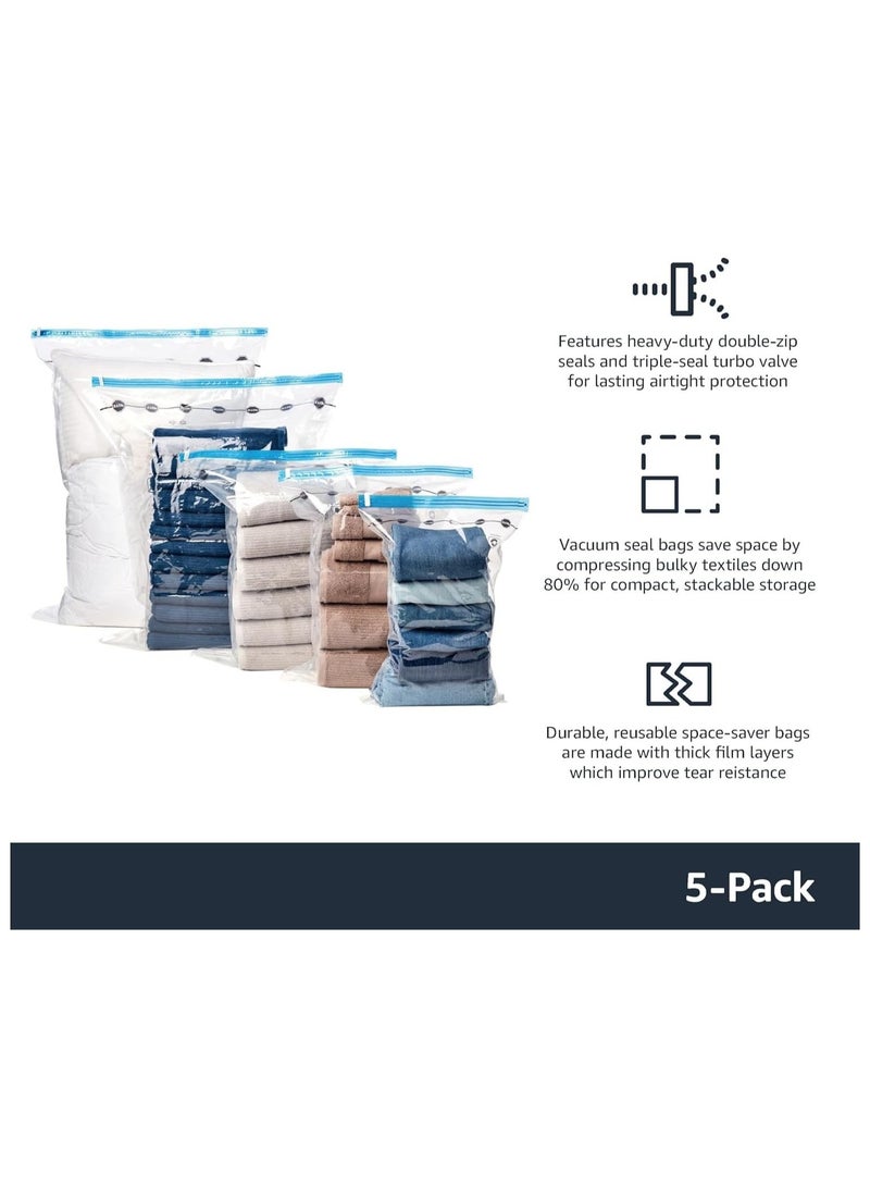 سبيس اكياس تخزين بسحاب مضغوطة بتفريغ الهواء مع صمام محكم الغلق ومضخة يدوية موفرة للمساحة، مقاس كبير 80 سم × 60 سم، عبوة من 5 قطع، شفافة - Image 4