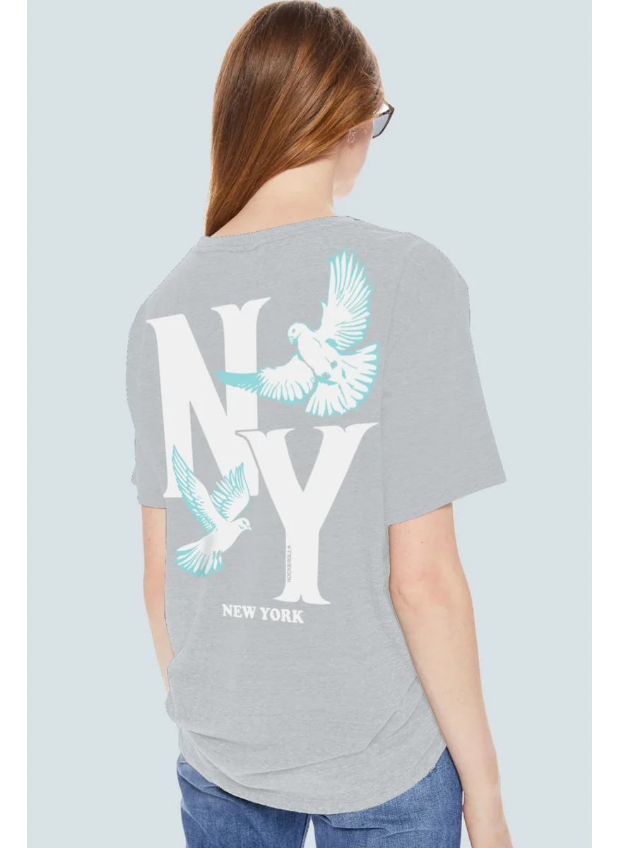 Rock&Roll Ny Pigeons Gray Oversize Back Printed Short Sleeve Women's T-Shirt