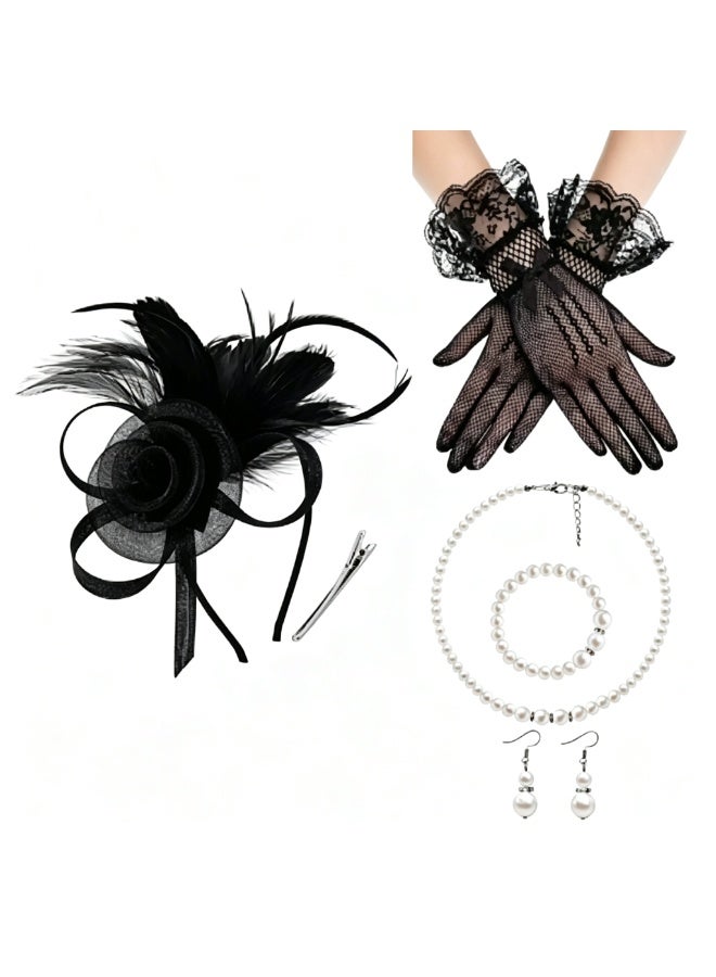 OMEVE 5 Pcs Party Fascinators Hat Veil Set with Mesh Flower Feather Fascinator Headband Pearl Jewelry & Lace Short Gloves for Girls and Women - Elegant Wedding Party Hat Tea Headwear Costume Accessories for Wedding Tea Party Derby Race Cosplay - Image 2